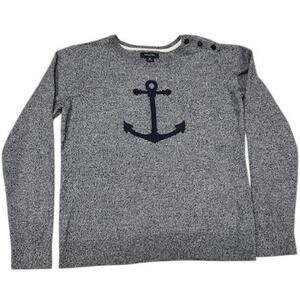 NAUTICA Navy White Anchor Fisherman Nautical Marine Marled Cotton Sweater SMALL
